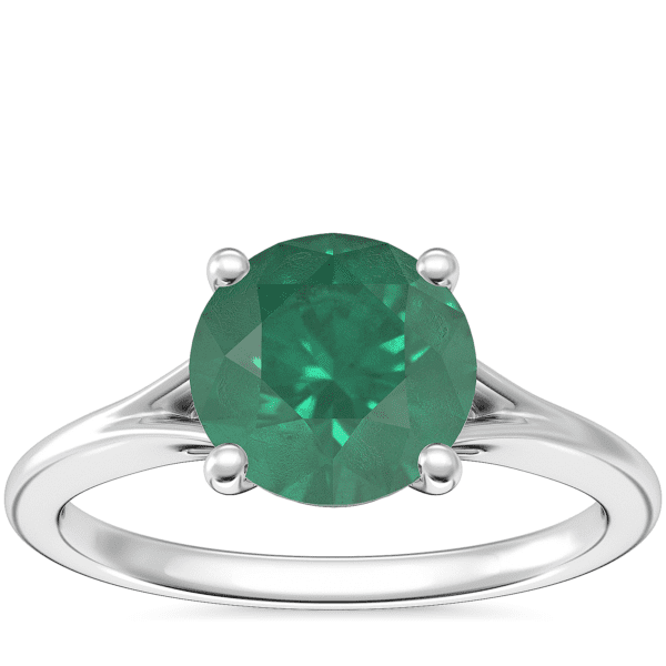 Petite Split Shank Solitaire Engagement Ring with Round Emerald in 18k White Gold (8mm)