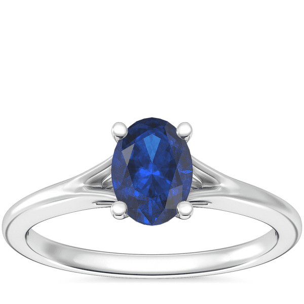 Petite Split Shank Solitaire Engagement Ring with Oval Sapphire in 18k White Gold (7x5mm)