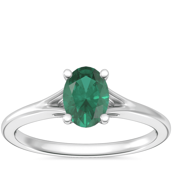 Petite Split Shank Solitaire Engagement Ring with Oval Emerald in 18k White Gold (7x5mm)
