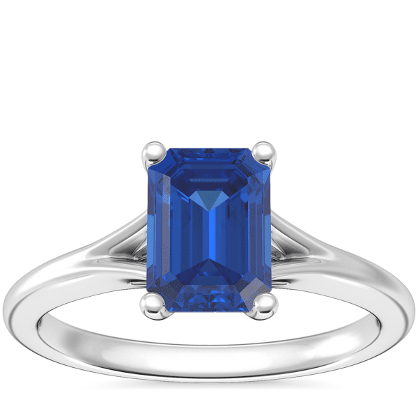 Petite Split Shank Solitaire Engagement Ring with Emerald-Cut Sapphire in 18k White Gold (7x5mm)