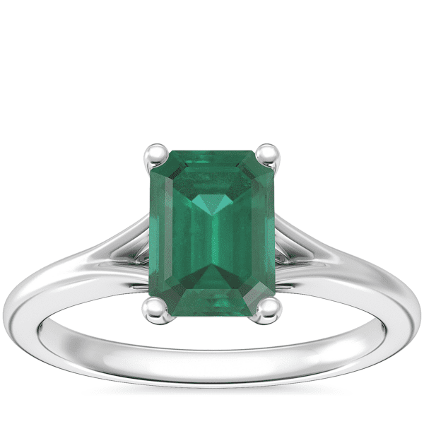 Petite Split Shank Solitaire Engagement Ring with Emerald-Cut Emerald in 18k White Gold (7x5mm)