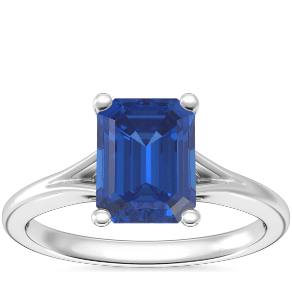 Petite Split Shank Solitaire Engagement Ring with Emerald-Cut Sapphire in 18k White Gold (8x6mm)
