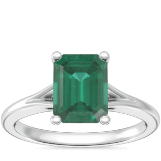 Petite Split Shank Solitaire Engagement Ring with Emerald-Cut Emerald in 18k White Gold (8x6mm)