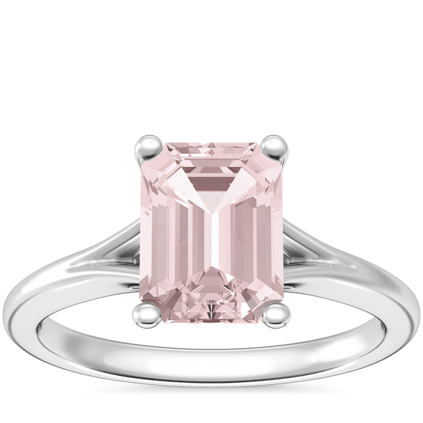 Petite Split Shank Solitaire Engagement Ring with Emerald-Cut Morganite in 18k White Gold (8x6mm)
