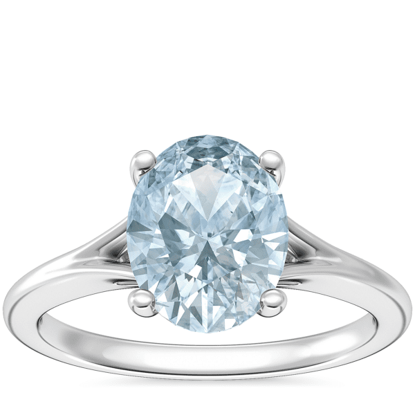 Petite Split Shank Solitaire Engagement Ring with Oval Aquamarine in 18k White Gold (9x7mm)