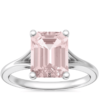 Petite Split Shank Solitaire Engagement Ring with Emerald-Cut Morganite in 18k White Gold (9x7mm)