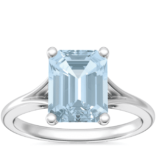 Petite Split Shank Solitaire Engagement Ring with Emerald-Cut Aquamarine in 18k White Gold (9x7mm)
