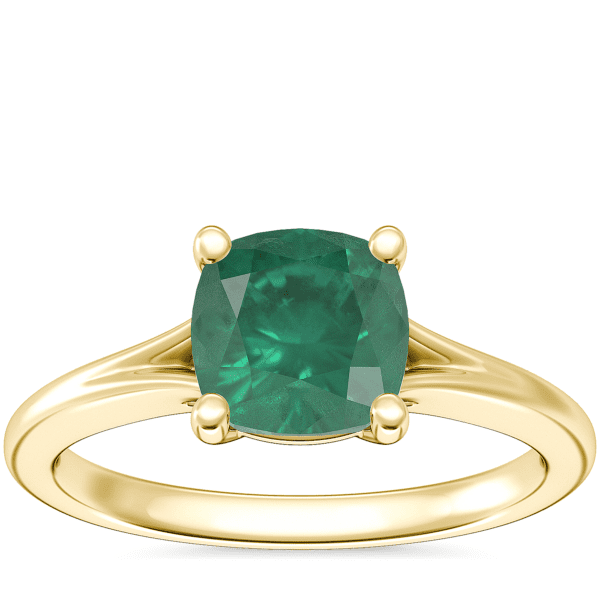Petite Split Shank Solitaire Engagement Ring with Cushion Emerald in 18k Yellow Gold (6.5mm)