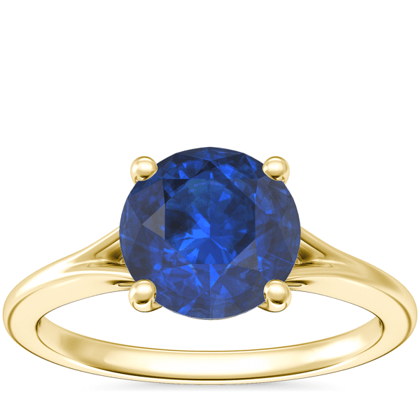 Petite Split Shank Solitaire Engagement Ring with Round Sapphire in 18k Yellow Gold (8mm)