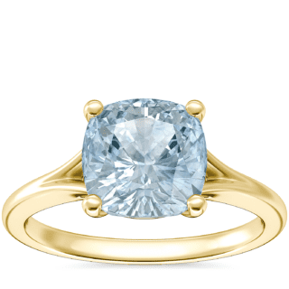 Petite Split Shank Solitaire Engagement Ring with Cushion Aquamarine in 18k Yellow Gold (8mm)