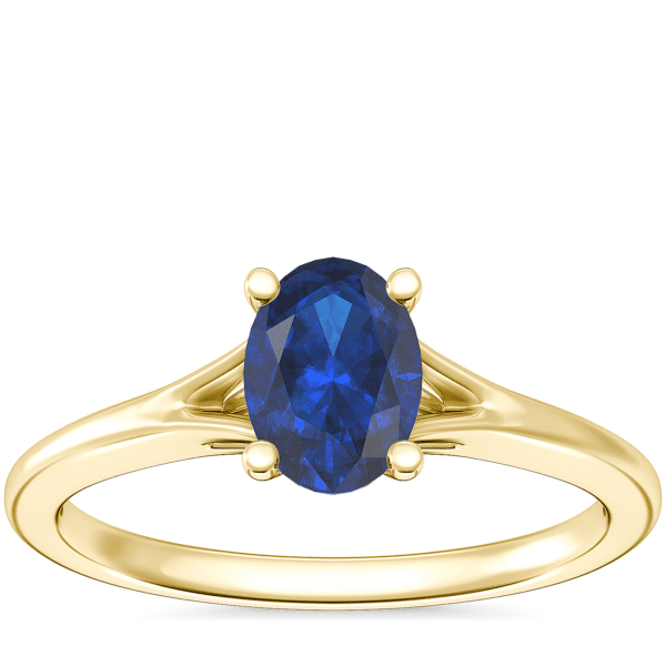 Petite Split Shank Solitaire Engagement Ring with Oval Sapphire in 18k Yellow Gold (7x5mm)