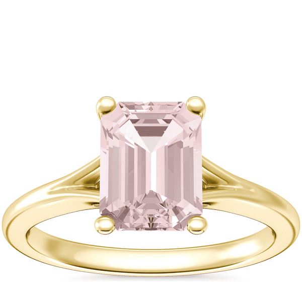 Petite Split Shank Solitaire Engagement Ring with Emerald-Cut Morganite in 18k Yellow Gold (8x6mm)