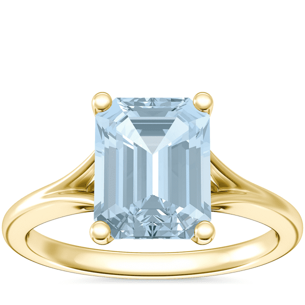 Petite Split Shank Solitaire Engagement Ring with Emerald-Cut Aquamarine in 14k Yellow Gold (9x7mm)