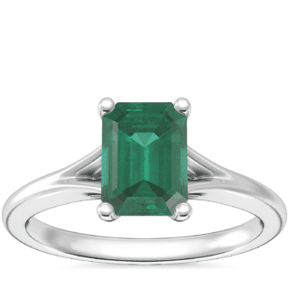 Petite Split Shank Solitaire Engagement Ring with Emerald-Cut Emerald in Platinum (7x5mm)