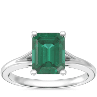 Petite Split Shank Solitaire Engagement Ring with Emerald-Cut Emerald in Platinum (8x6mm)