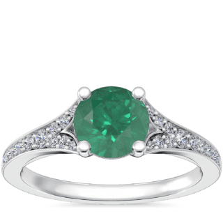 Petite Split Shank Pavé Cathedral Engagement Ring with Round Emerald in 14k White Gold (6.5mm)