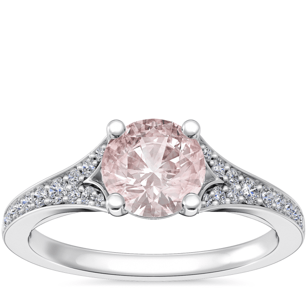 Petite Split Shank Pavé Cathedral Engagement Ring with Round Morganite in 14k White Gold (6.5mm)