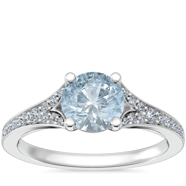 Petite Split Shank Pavé Cathedral Engagement Ring with Round Aquamarine in 14k White Gold (6.5mm)