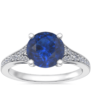 Petite Split Shank Pavé Cathedral Engagement Ring with Round Sapphire in 14k White Gold (8mm)