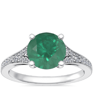 Petite Split Shank Pavé Cathedral Engagement Ring with Round Emerald in 14k White Gold (8mm)