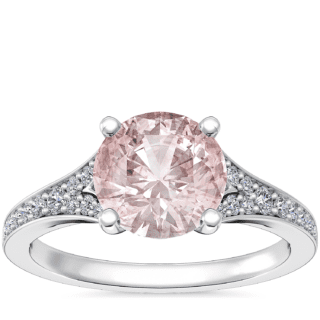 Petite Split Shank Pavé Cathedral Engagement Ring with Round Morganite in 14k White Gold (8mm)
