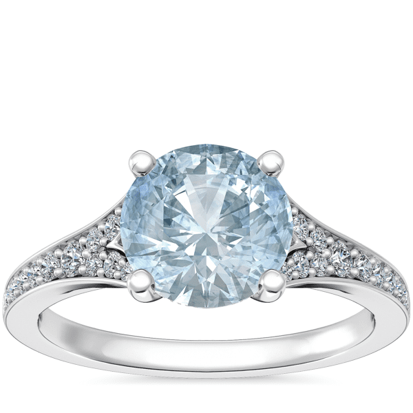 Petite Split Shank Pavé Cathedral Engagement Ring with Round Aquamarine in 14k White Gold (8mm)