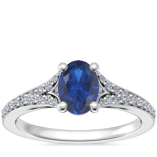 Petite Split Shank Pavé Cathedral Engagement Ring with Oval Sapphire in 14k White Gold (7x5mm)