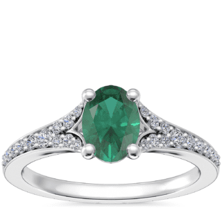 Petite Split Shank Pavé Cathedral Engagement Ring with Oval Emerald in 14k White Gold (7x5mm)