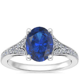 Petite Split Shank Pavé Cathedral Engagement Ring with Oval Sapphire in 14k White Gold (8x6mm)