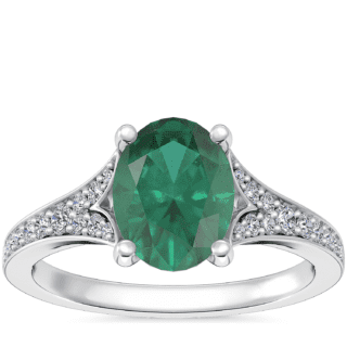 Petite Split Shank Pavé Cathedral Engagement Ring with Oval Emerald in 14k White Gold (8x6mm)