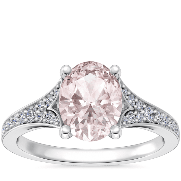 Petite Split Shank Pavé Cathedral Engagement Ring with Oval Morganite in 14k White Gold (8x6mm)
