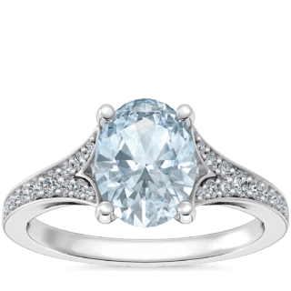 Petite Split Shank Pavé Cathedral Engagement Ring with Oval Aquamarine in 14k White Gold (8x6mm)