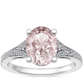 Petite Split Shank Pavé Cathedral Engagement Ring with Oval Morganite in 14k White Gold (9x7mm)