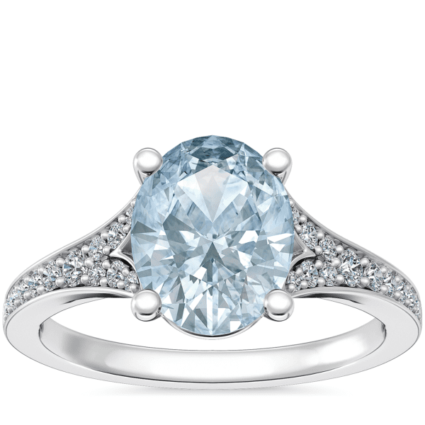 Petite Split Shank Pavé Cathedral Engagement Ring with Oval Aquamarine in 14k White Gold (9x7mm)