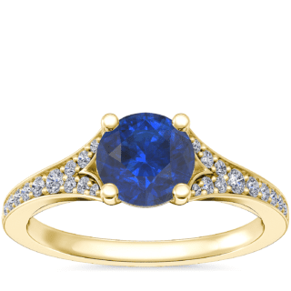 Petite Split Shank Pavé Cathedral Engagement Ring with Round Sapphire in 14k Yellow Gold (6mm)