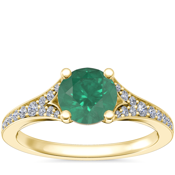 Petite Split Shank Pavé Cathedral Engagement Ring with Round Emerald in 14k Yellow Gold (6.5mm)