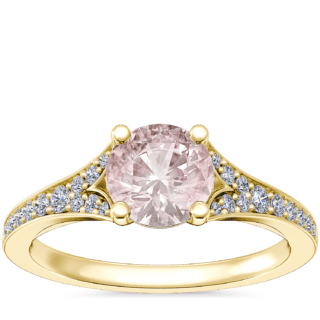 Petite Split Shank Pavé Cathedral Engagement Ring with Round Morganite in 14k Yellow Gold (6.5mm)