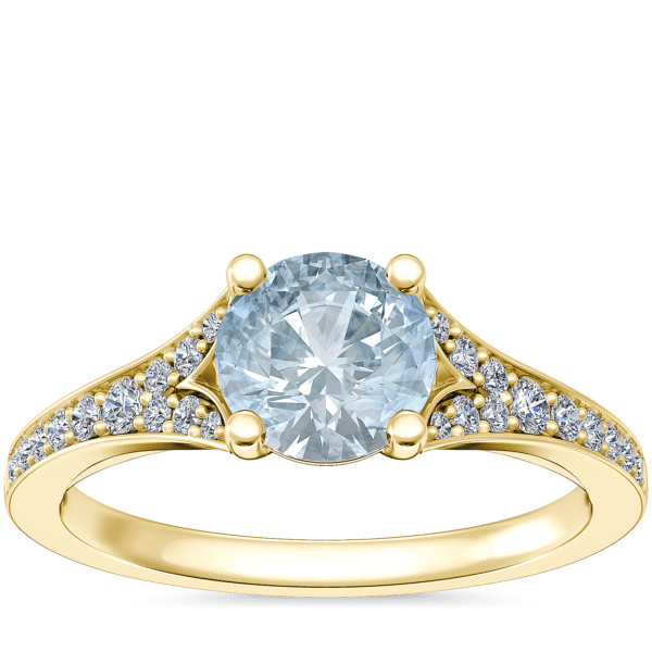 Petite Split Shank Pavé Cathedral Engagement Ring with Round Aquamarine in 14k Yellow Gold (6.5mm)