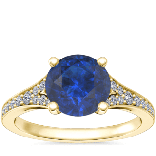 Petite Split Shank Pavé Cathedral Engagement Ring with Round Sapphire in 14k Yellow Gold (8mm)