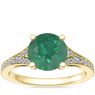 Petite Split Shank Pavé Cathedral Engagement Ring with Round Emerald in 14k Yellow Gold (8mm)