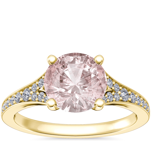 Petite Split Shank Pavé Cathedral Engagement Ring with Round Morganite in 14k Yellow Gold (8mm)