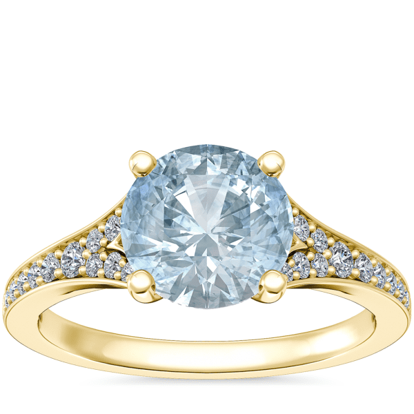 Petite Split Shank Pavé Cathedral Engagement Ring with Round Aquamarine in 14k Yellow Gold (8mm)