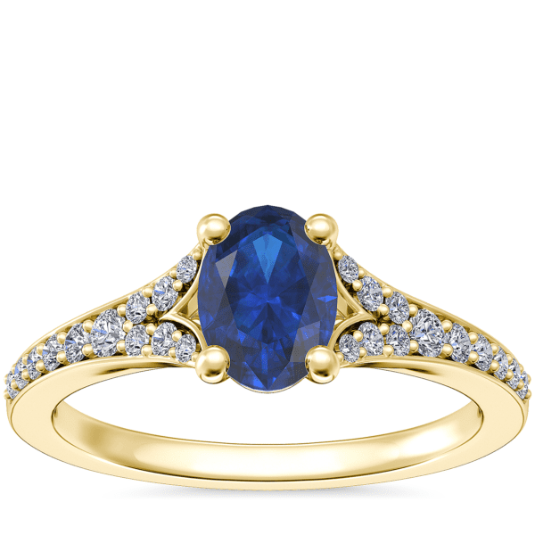 Petite Split Shank Pavé Cathedral Engagement Ring with Oval Sapphire in 14k Yellow Gold (7x5mm)