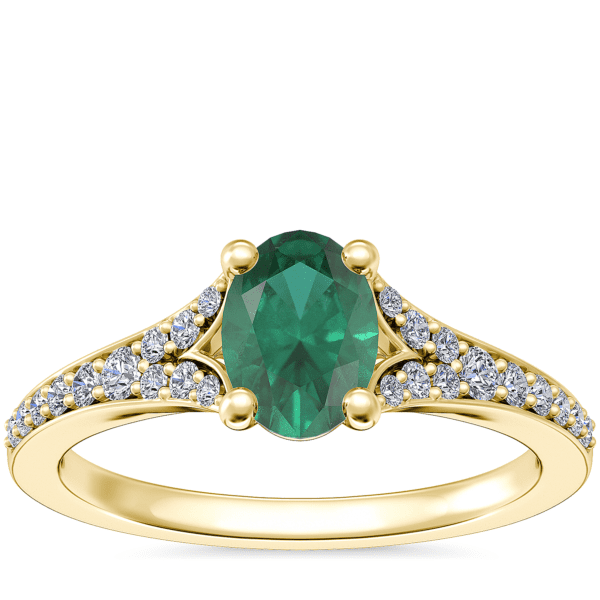 Petite Split Shank Pavé Cathedral Engagement Ring with Oval Emerald in 14k Yellow Gold (7x5mm)