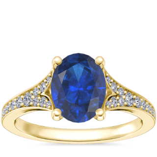 Petite Split Shank Pavé Cathedral Engagement Ring with Oval Sapphire in 14k Yellow Gold (8x6mm)