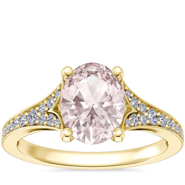 Petite Split Shank Pavé Cathedral Engagement Ring with Oval Morganite in 14k Yellow Gold (8x6mm)