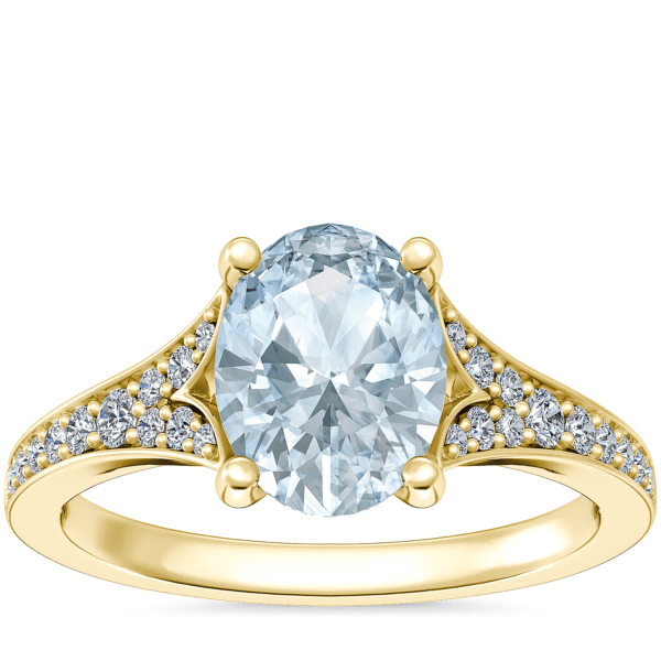 Petite Split Shank Pavé Cathedral Engagement Ring with Oval Aquamarine in 14k Yellow Gold (8x6mm)