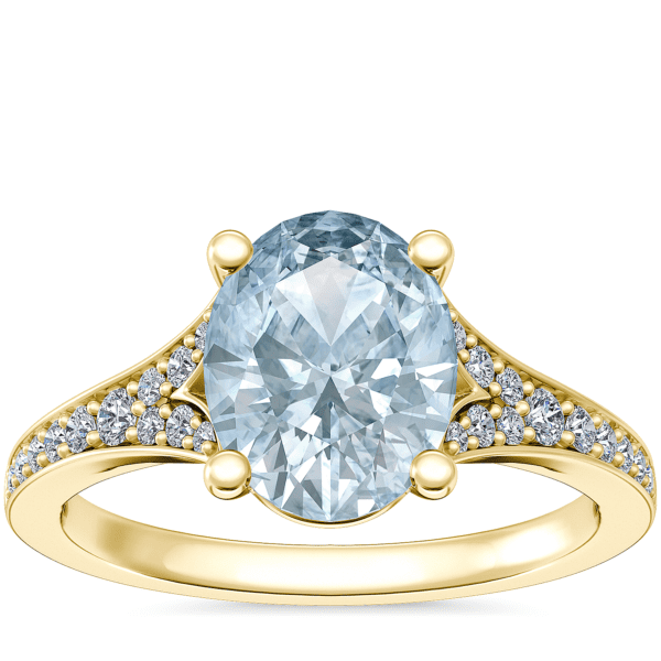 Petite Split Shank Pavé Cathedral Engagement Ring with Oval Aquamarine in 14k Yellow Gold (9x7mm)