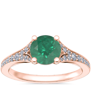 Petite Split Shank Pavé Cathedral Engagement Ring with Round Emerald in 14k Rose Gold (6.5mm)