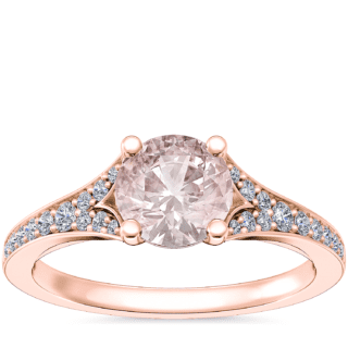 Petite Split Shank Pavé Cathedral Engagement Ring with Round Morganite in 14k Rose Gold (6.5mm)